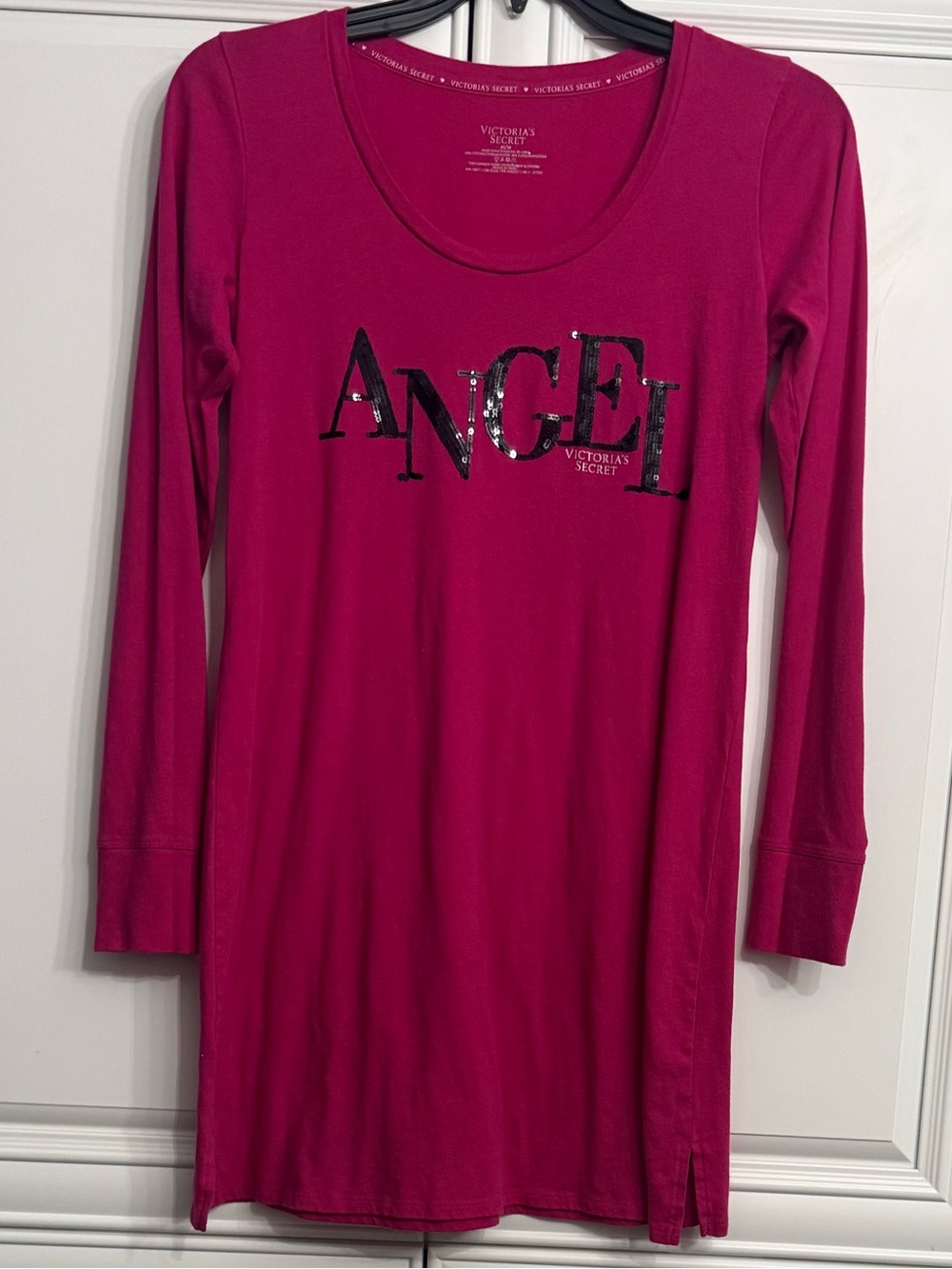 Vintage Victoria's Secret Fuchsia Pink Sequin ANGEL Long Sleeve Nightgown Size M